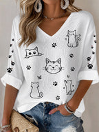 Women's Line Art Cat Paw Print V Neck Waffle Blouse