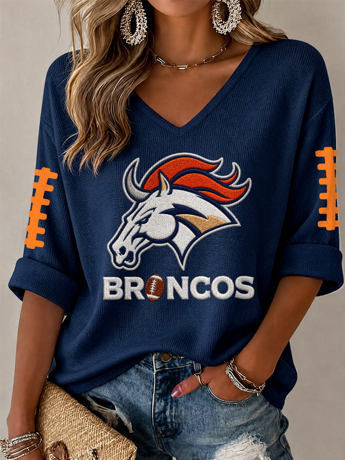 Women'S Rugby Patterned Waffle V-Neck Top