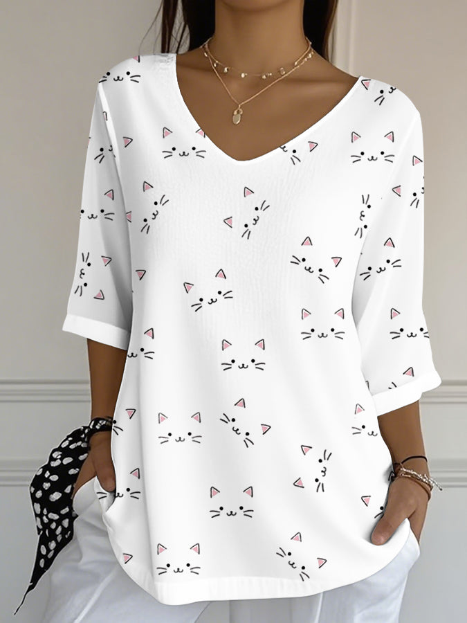 Women'S Cat Printed Casual T-Shirt