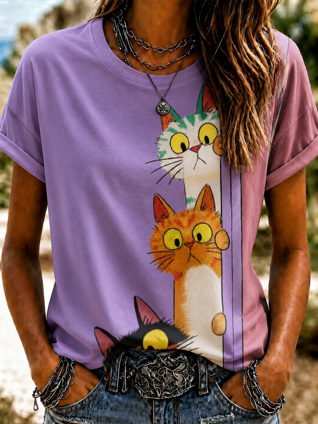 Women'S Cute Cat Art Printed Round Neck T-Shirt