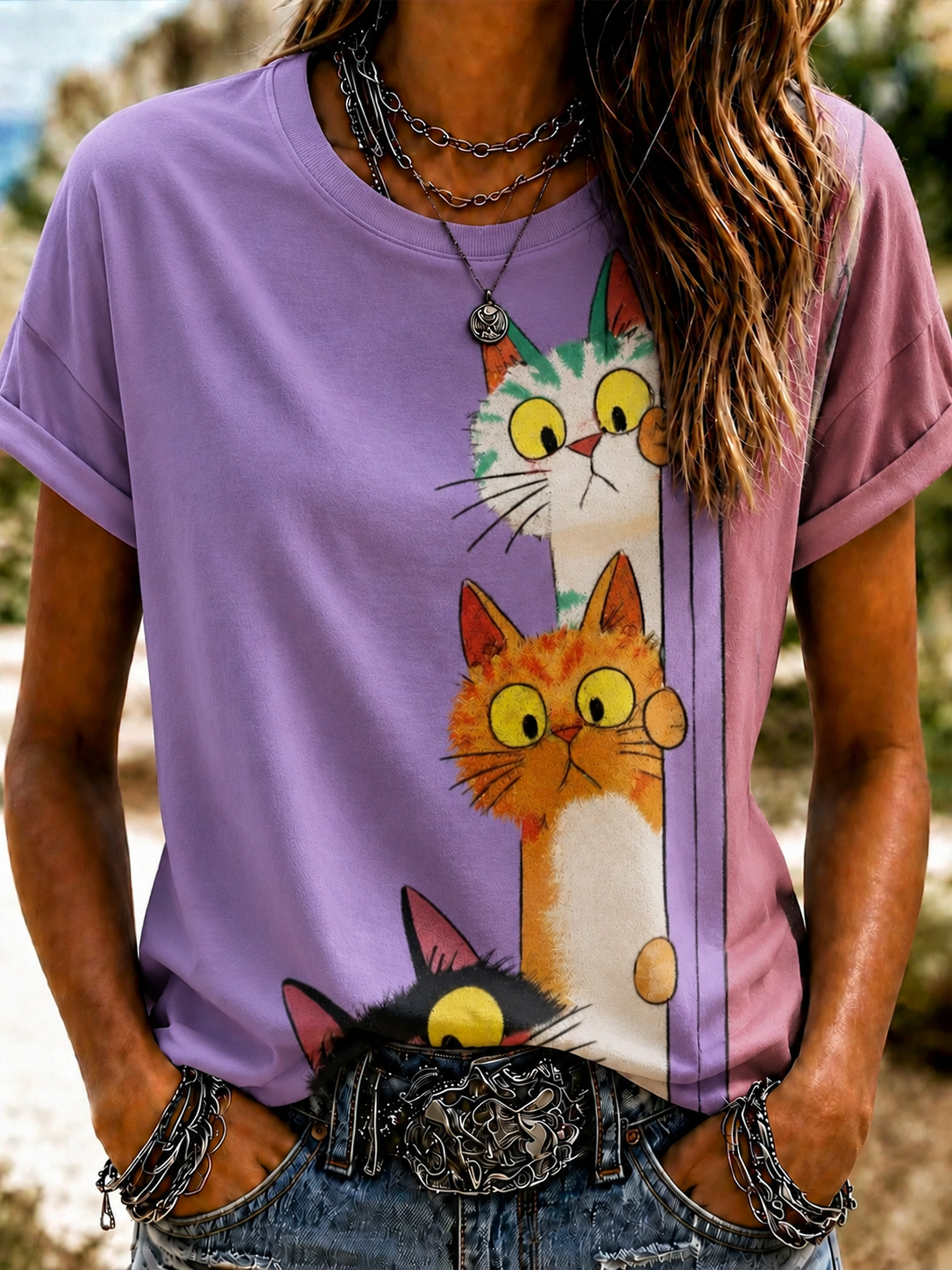 Women'S Cute Cat Art Printed Round Neck T-Shirt