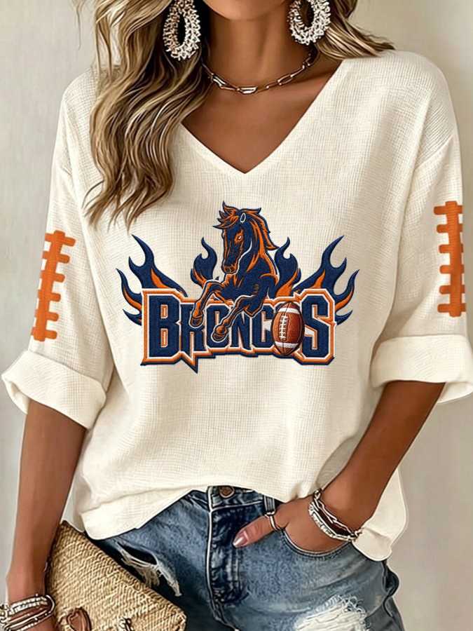 Women'S Rugby Patterned Waffle V-Neck Top