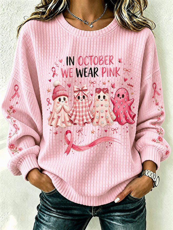Women's Breast Cancer Print Crew Neck Check Sweatshirt