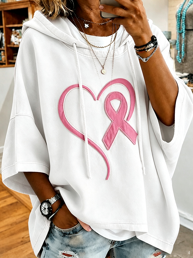 Women Breast Cancer Heart-Shaped Print Oversized Hoodie