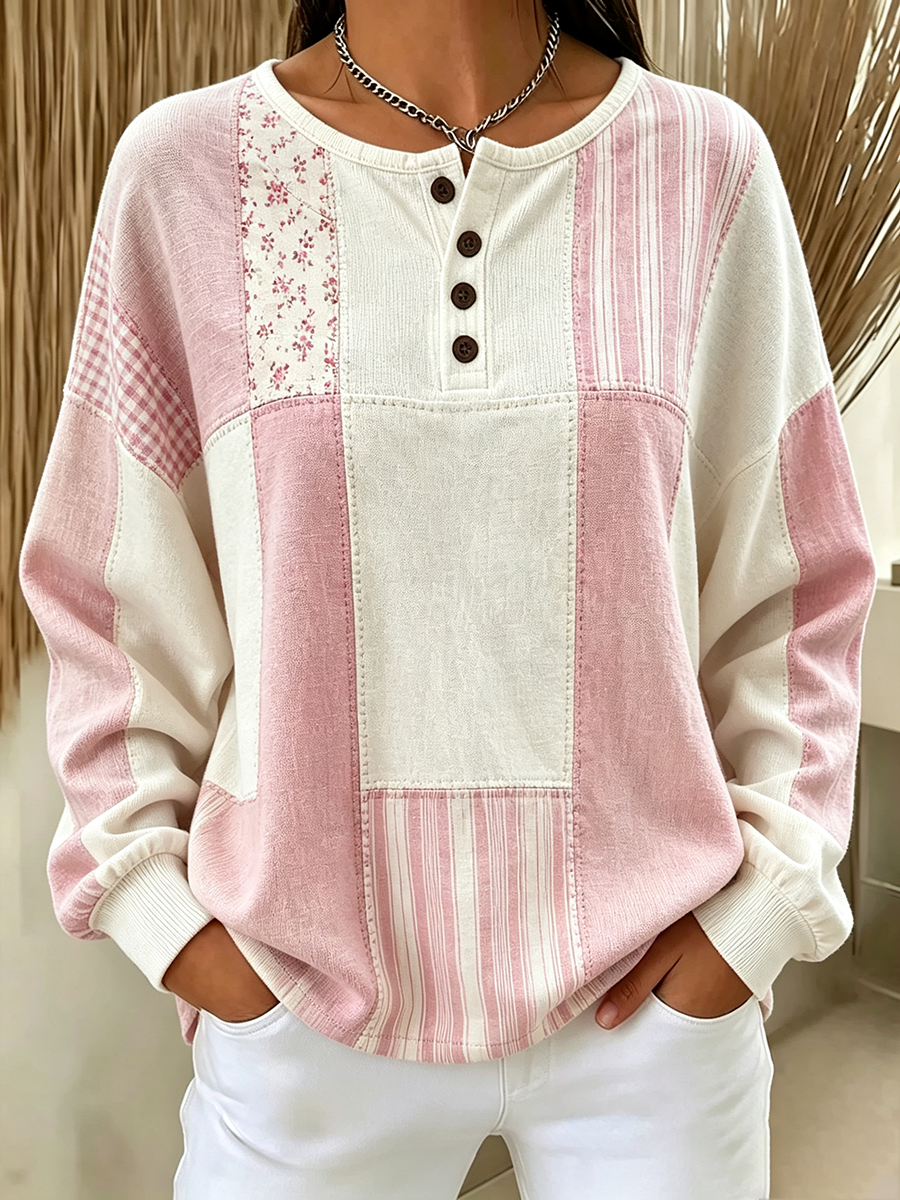 Women's Casual Checkered Striped Color Blocked Sports Shirt