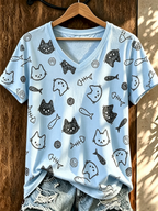 Women's Cat Printed V-Neck T-Shirt