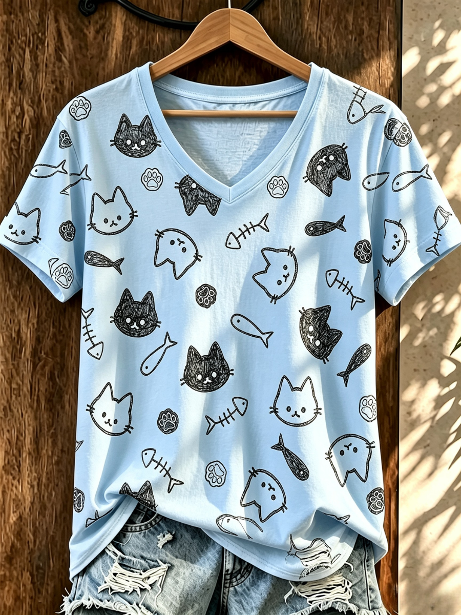 Women's Cat Printed V-Neck T-Shirt