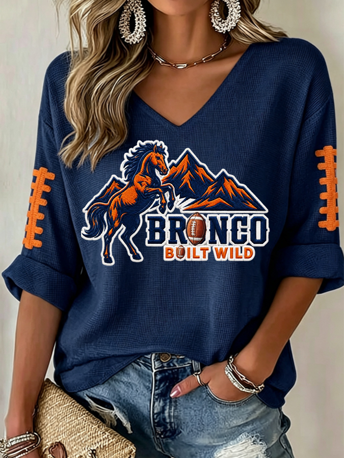Women'S Rugby Patterned Waffle V-Neck Top
