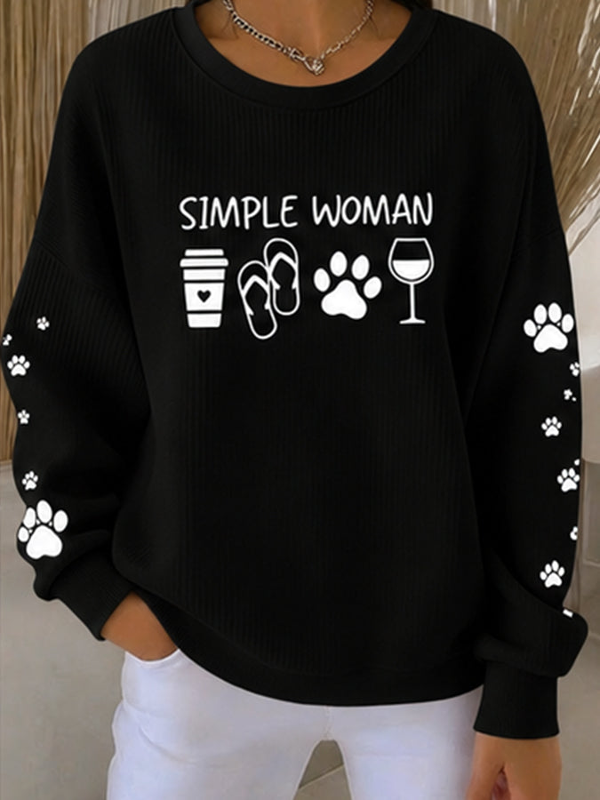 Women's cat print ribbed round neck sweatshirt