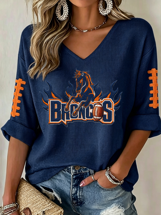 Women'S Rugby Patterned Waffle V-Neck Top