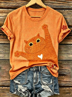 Women's Fall Black Cat V-Neck T-Shirts
