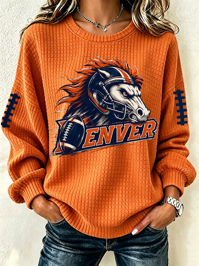 Women'S Football Fan Waffle Long Sleeved Round Neck Sweatshirt
