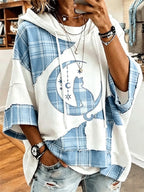 Women's Plaid Patchwork Moon Cat Hooded Top