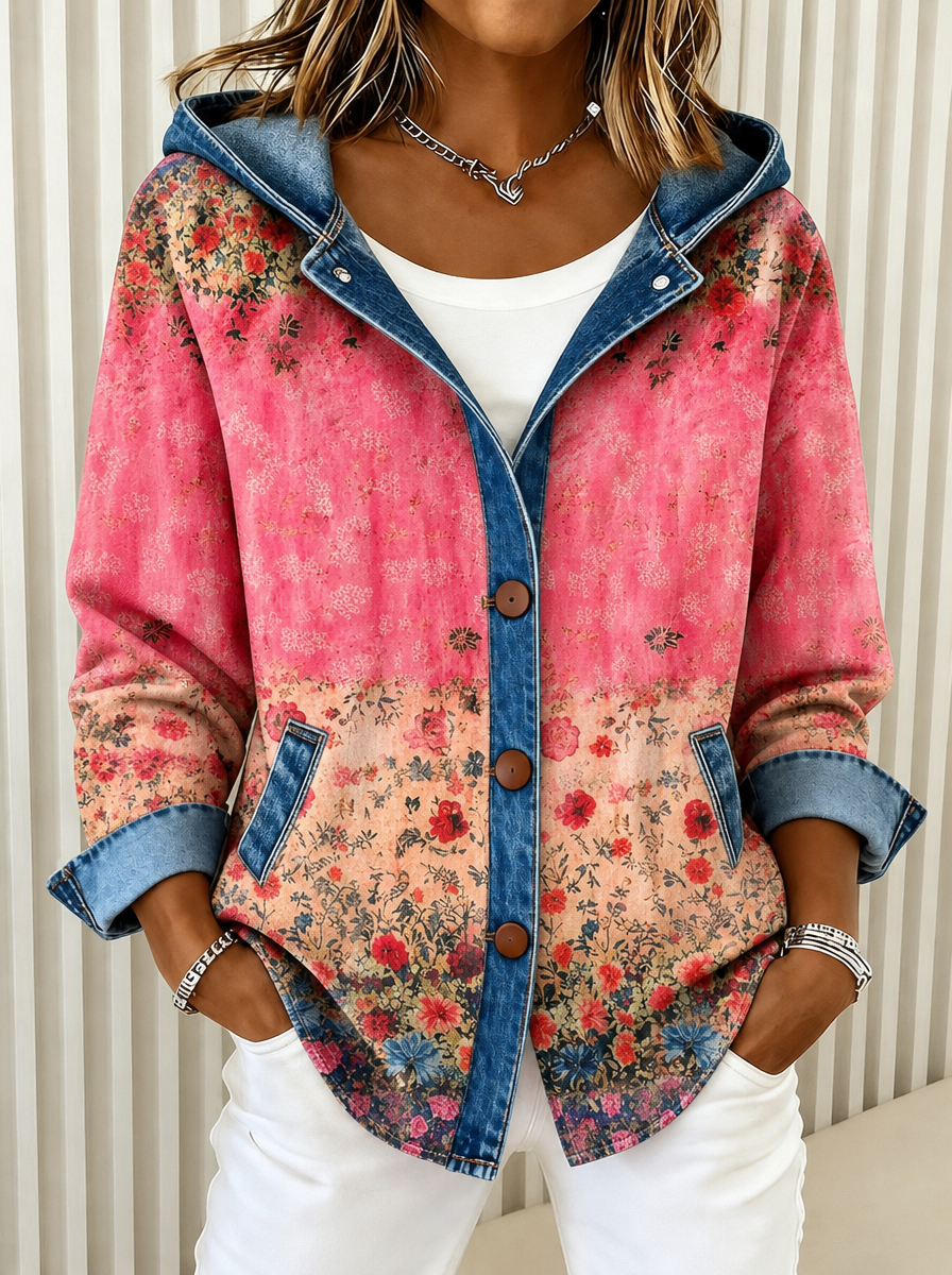 Women's Retro Plant Pattern Ribbed Hooded Cardigan