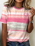 Women'S Breast Awareness Pink Striped Casual Crew Neck Short Sleeve T-Shirt