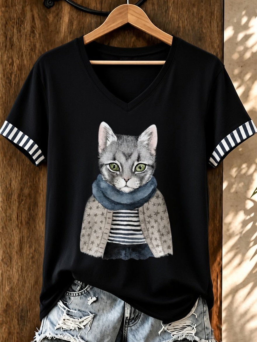 Women'S Cute Cat Printed Casual V-Neck T-Shirt