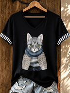 Women'S Cute Cat Printed Casual V-Neck T-Shirt