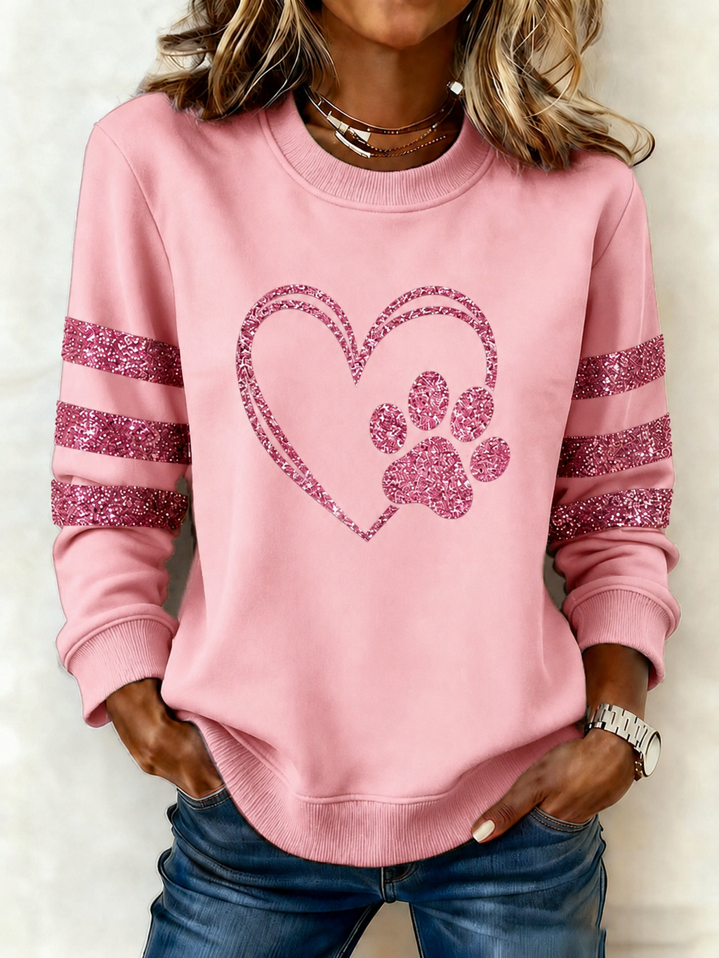 Ladies' Love Sequin Printed Round Neck Sports Shirt