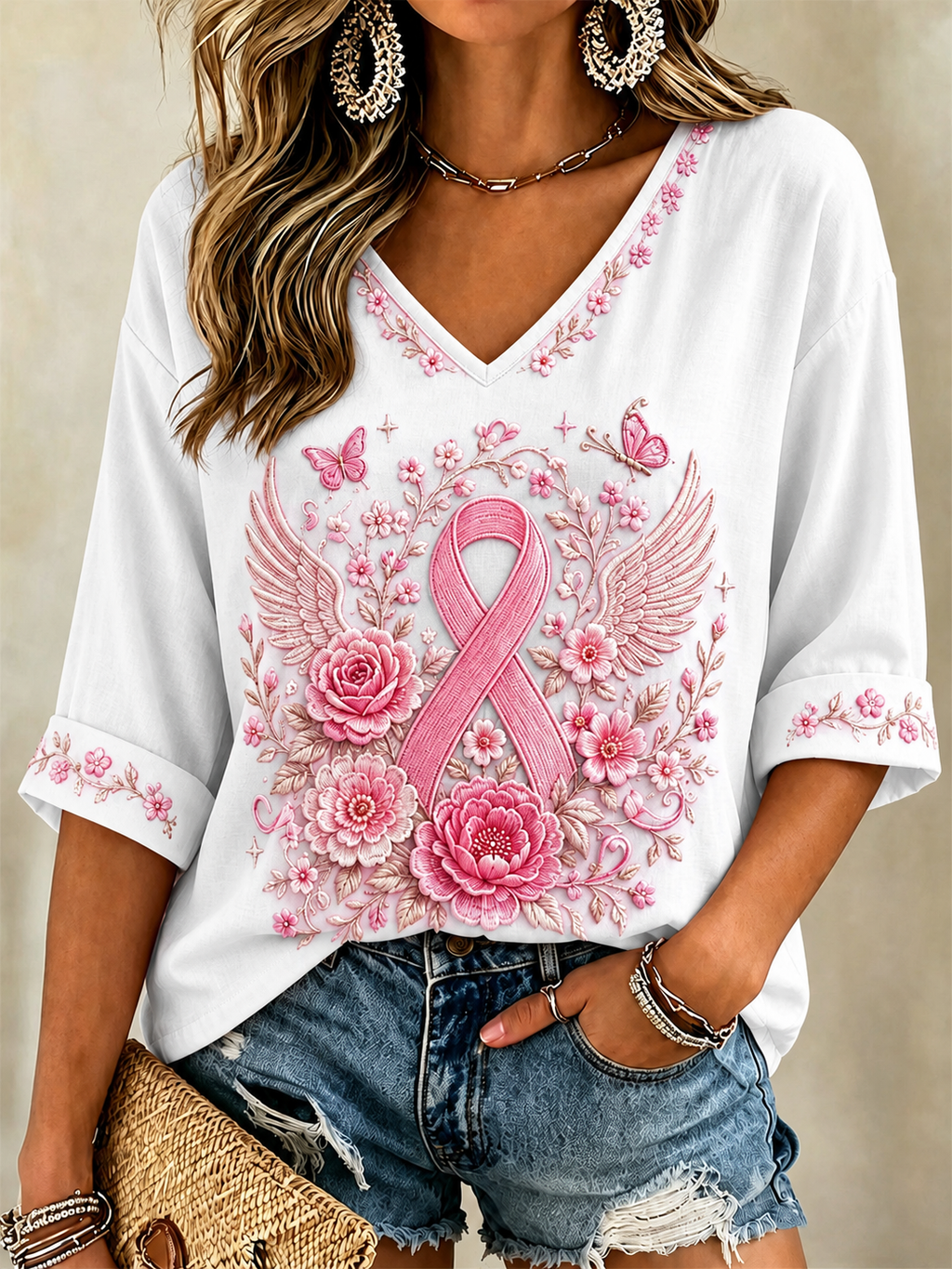 Women'S Breast Cancer Printed V-Neck Short Sleeve T-Shirt