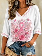 Women'S Breast Cancer Printed V-Neck Short Sleeve T-Shirt
