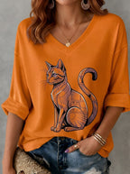 Women's Cat Lover Geometric Black Cat Printed V-neck T-shirt