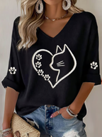 Women's Cute Cat Print Waffle T-shirt