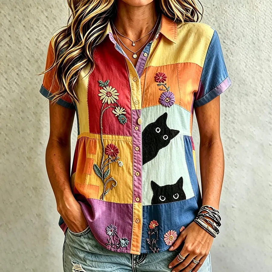 Women'S Hippie Casual Cat Floral Patchwork Print Shirt