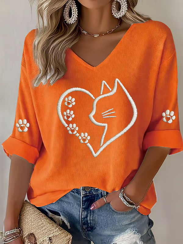 Women's Cute Cat Print Waffle T-shirt