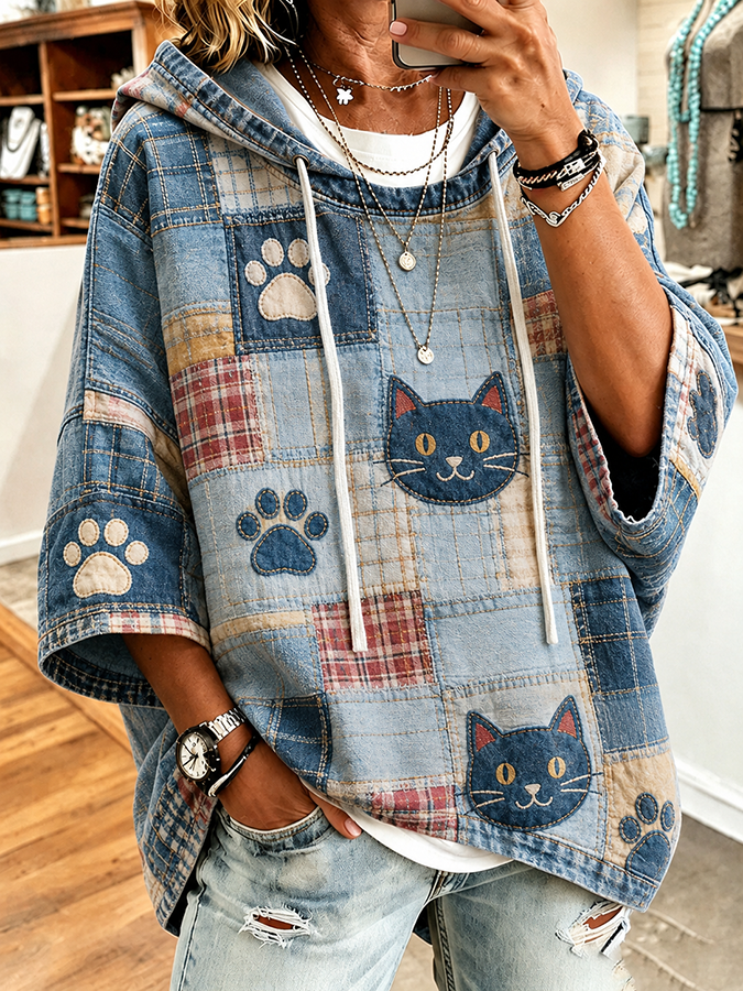 Retro Animal Cat Printed Hoodie