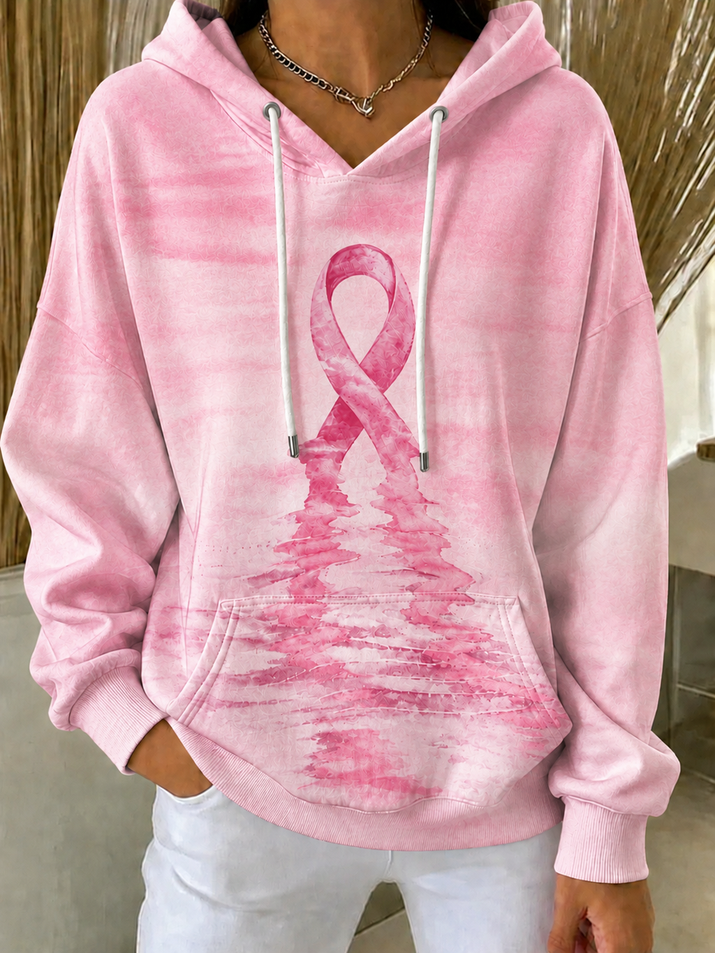 Women'S Breast Cancer Awareness Print Long Sleeve Hooded Sweatshirt