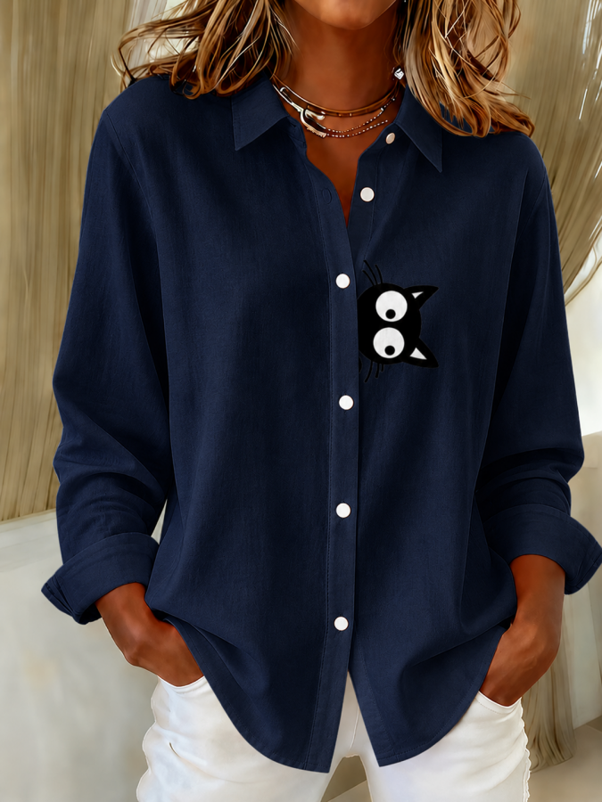 Women'S Creative Cat Printed Lapel Long Sleeve Shirt