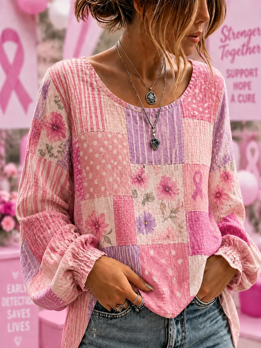 Women'S Breast Cancer Awareness Support Flowers Pink Ribbon Cotton-Linen Shirt