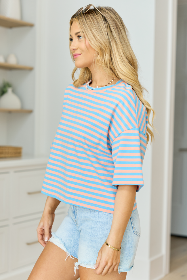 Keep It Casual Blue and Coral Multi Boxy Striped Tee FINAL SALE