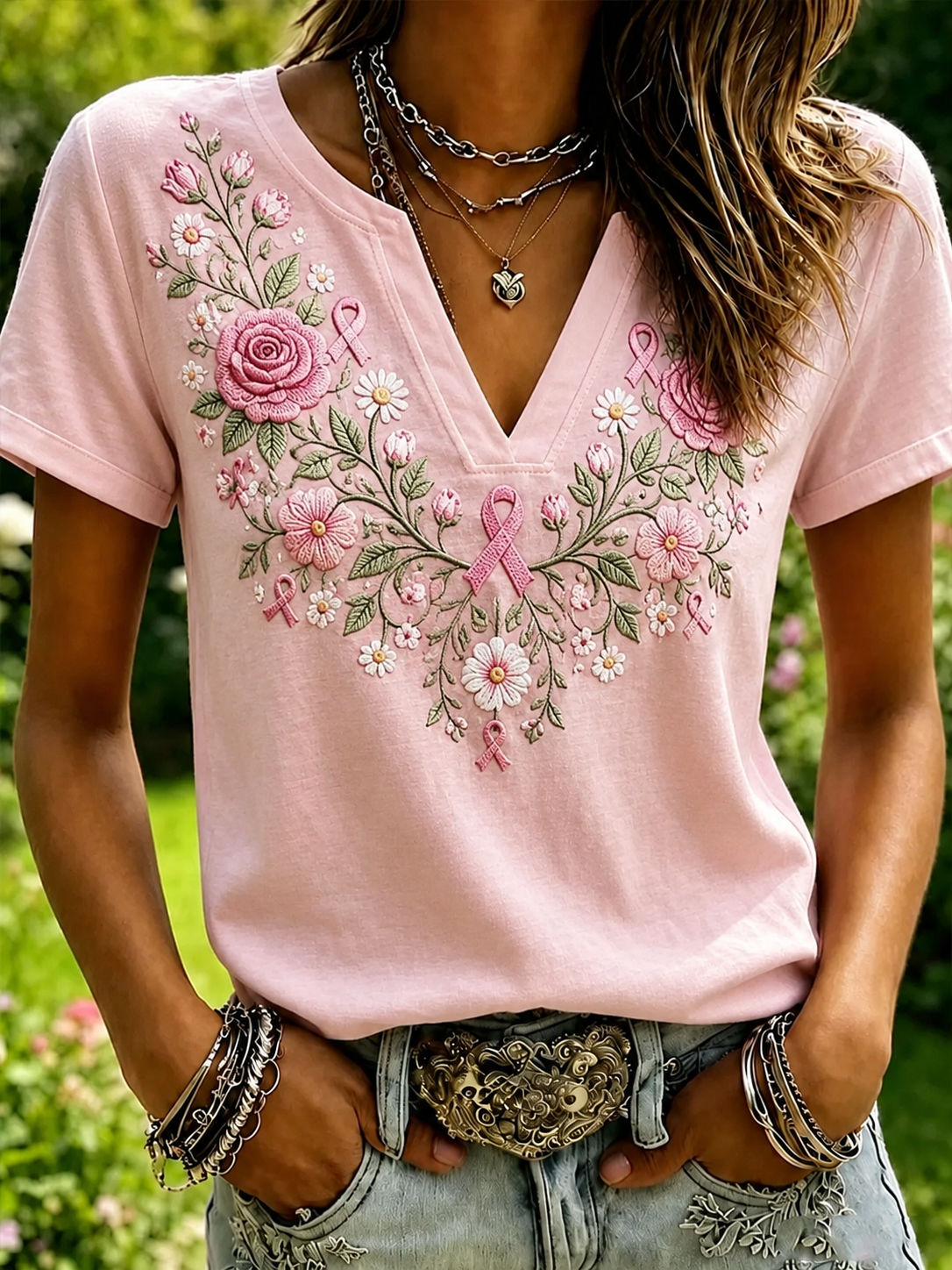 Women'S  Breast Cancer Publicity Print Short Sleeve T-Shirt