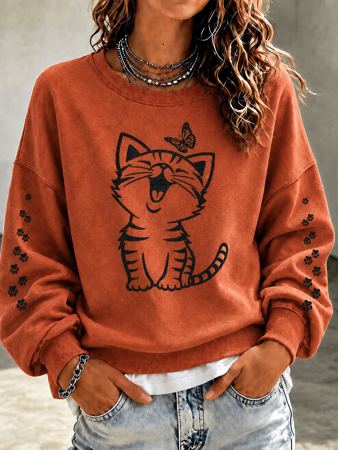 Women'S Casual Black Cat Art Printed Sports Shirt
