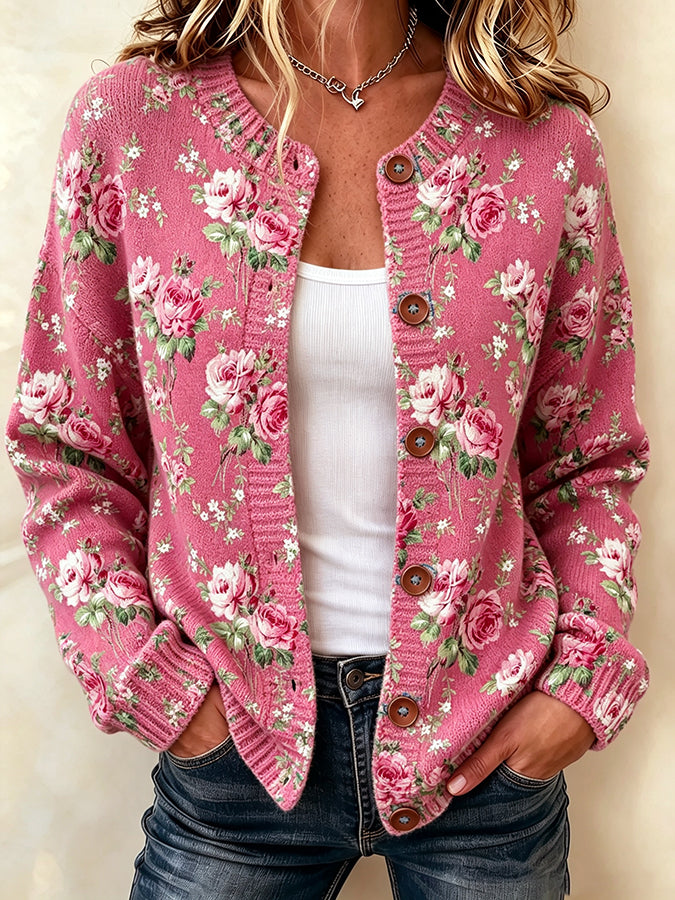 Ladies' Casual Floral Print Knitted Cardigan Top