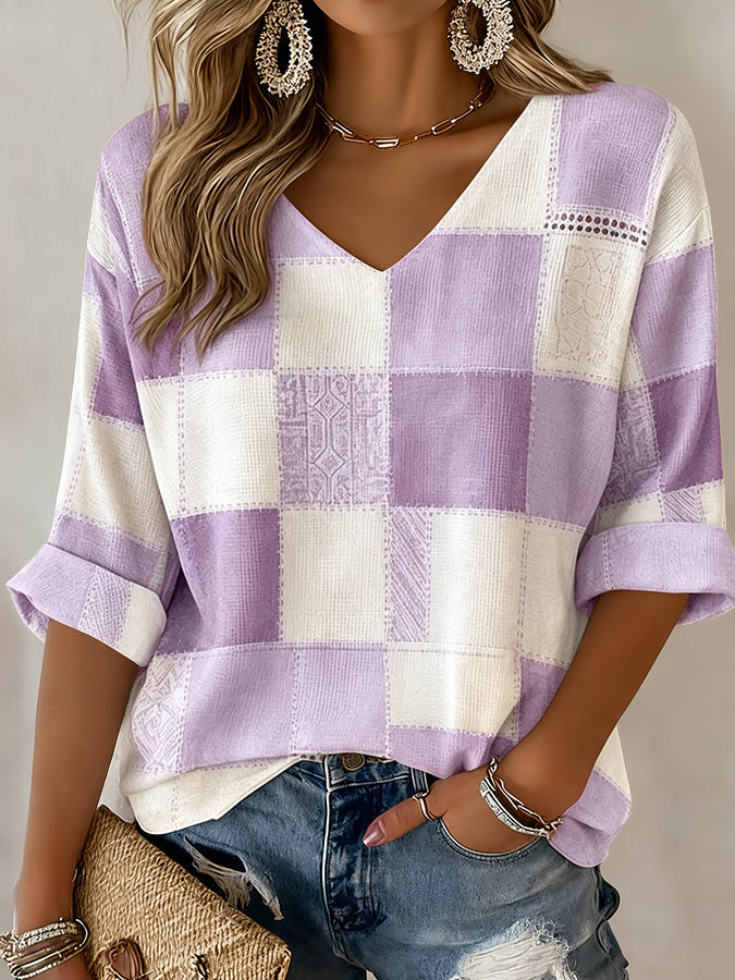 Women's Casual Daily Plaid Waffle Art Top