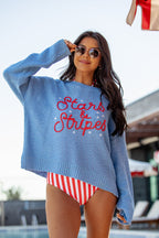 Off To Fireworks Blue Stars And Stripes Embroidered Sweater FINAL SALE