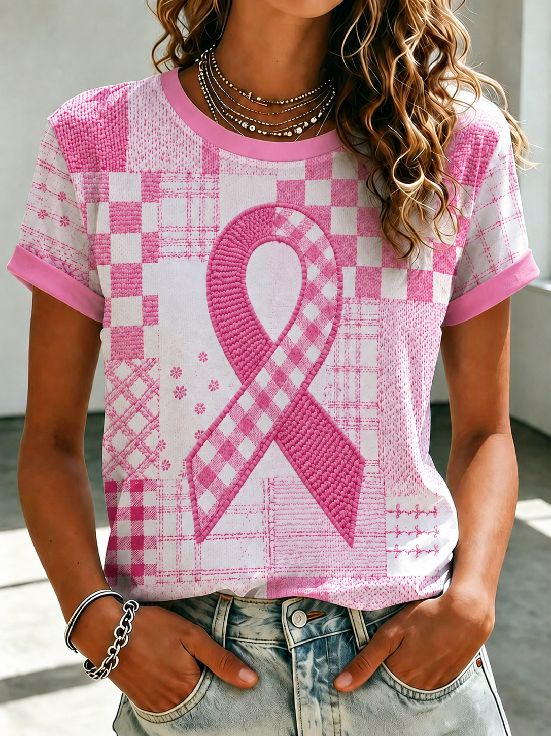 Women's Casual Plaid Quilt Breast Cancer Awareness T-Shirt