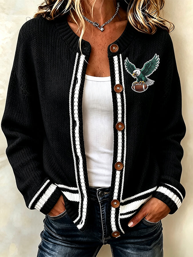 Women'S Casual Football Print Knitted Cardigan Top