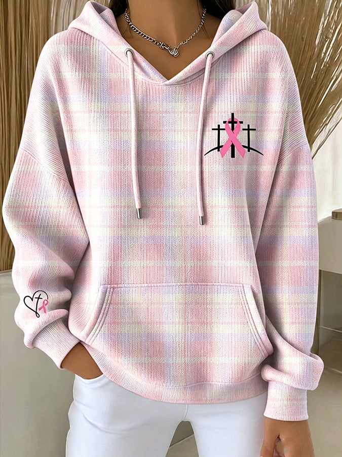 Women'S Pink Checkered Cross Print Hooded Sweatshirt