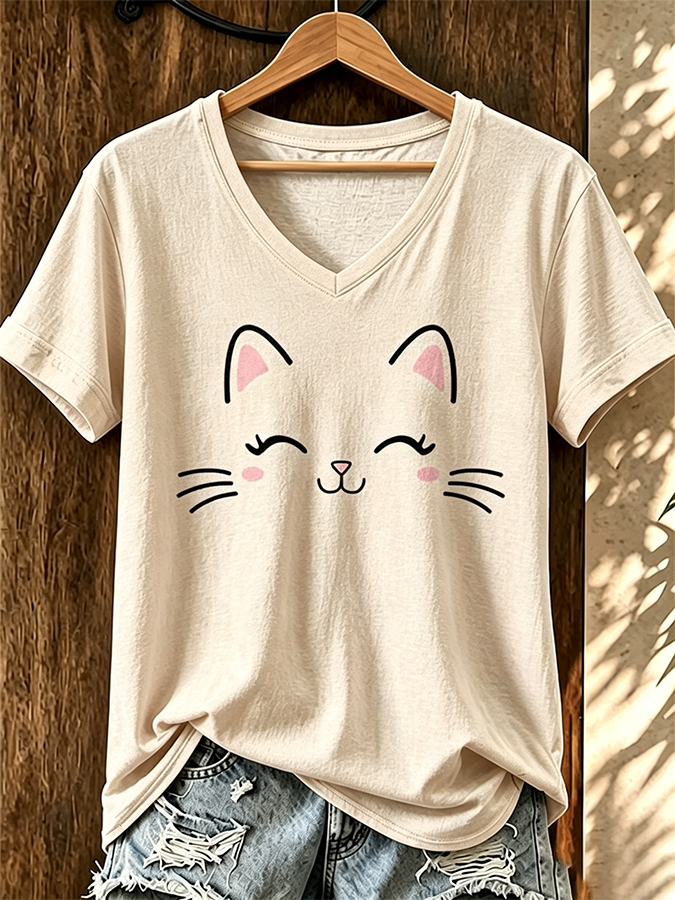 Women's Minimalist Cat V-Neck Top