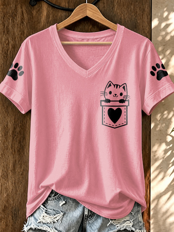 Women'S Cat Printed V-Neck T-Shirt