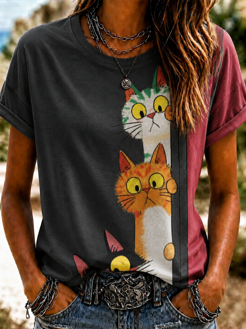 Women'S Cute Cat Art Printed Round Neck T-Shirt