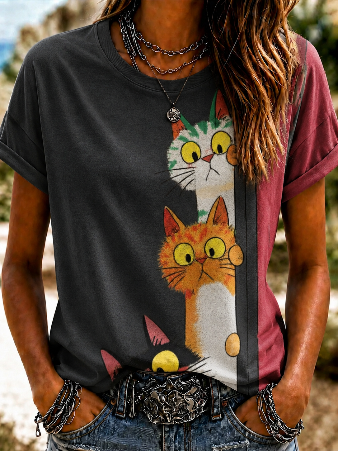 Women'S Cute Cat Art Printed Round Neck T-Shirt
