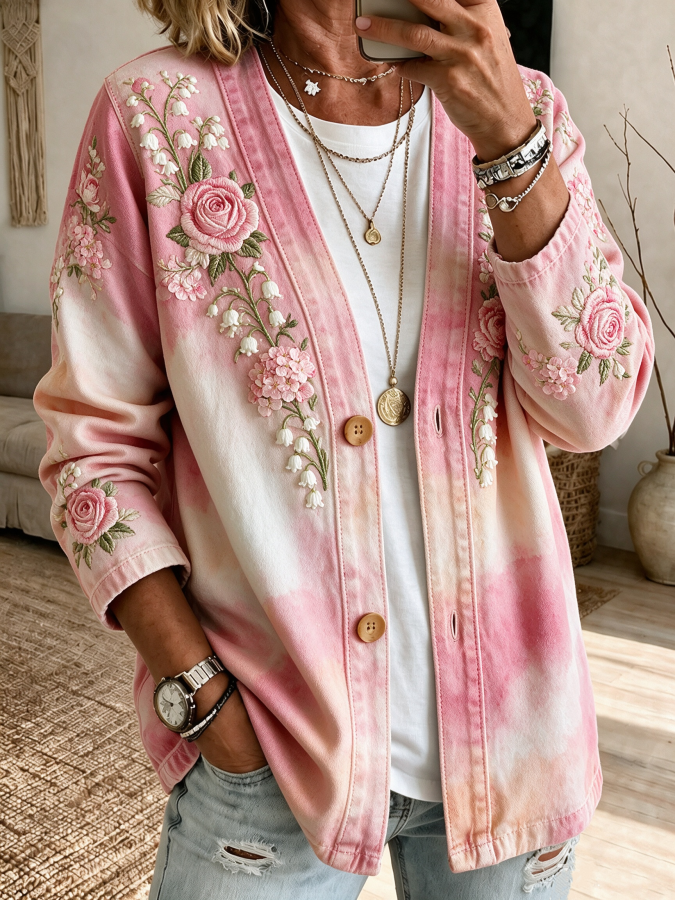 Women'S Pink Art Print Casual Cardigan