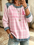 Women'S Pink Art Print Casual Waffle Top