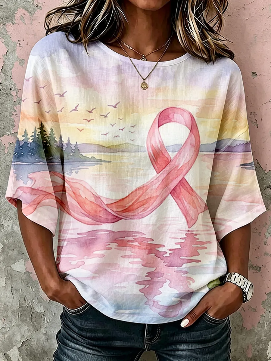 Women's Vintage Pink Ribbon Awareness Watercolor Art Print Linen Mid-sleeved T-shirt