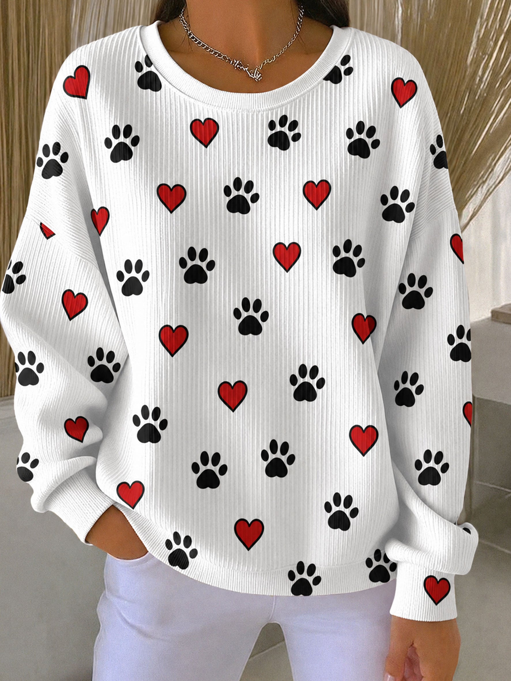 Women'S Heart Paw Print Casual Round Neck Long Sleeved Sweatshirt