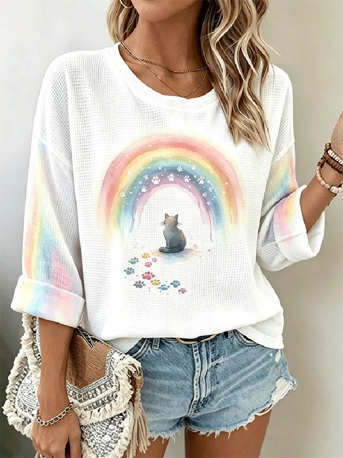 Women's Watercolor Rainbow Cat Paw Long Sleeve Waffle Top